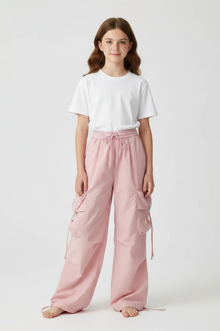Pantalon Fluide Rose Cargo Brodé Ample Fille - Coton