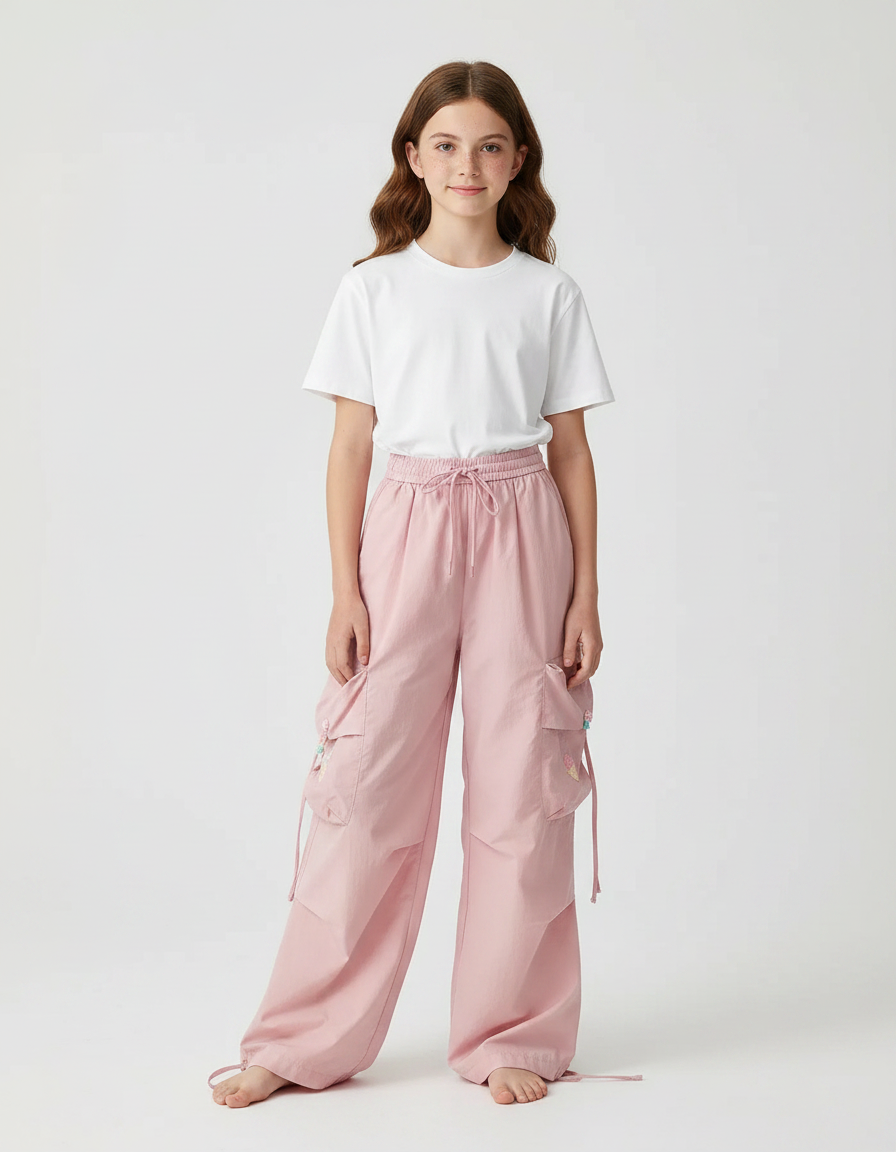 Pantalon Fluide Rose Cargo Brodé Ample Fille - Coton