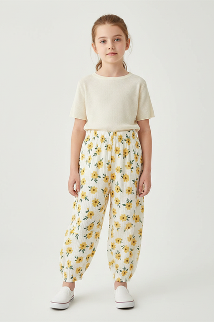 Pantalon Fluide Blanc Imprimé Tournesols Ample Muslin Enfant - Coton