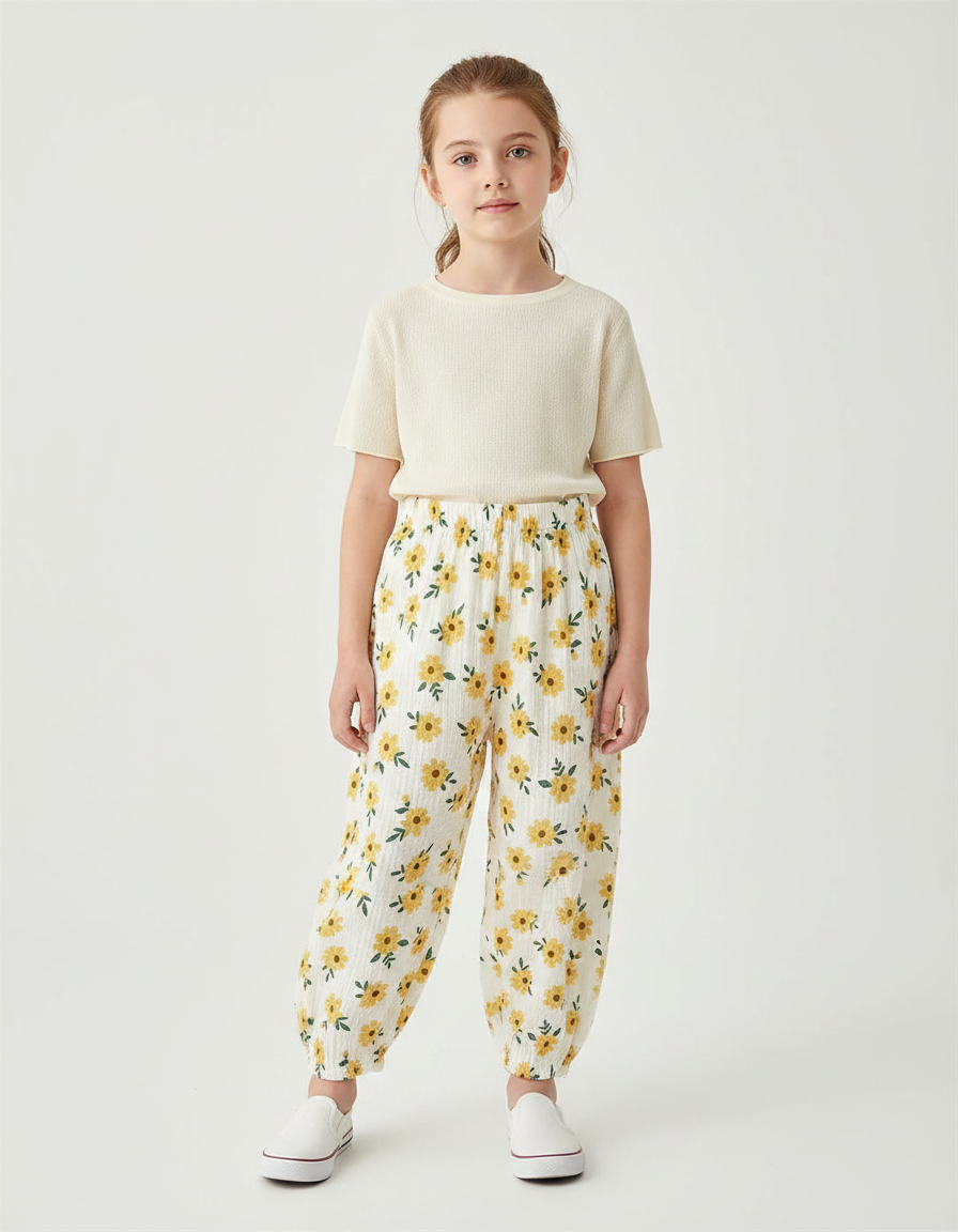Pantalon Fluide Blanc Imprimé Tournesols Ample Muslin Enfant - Coton