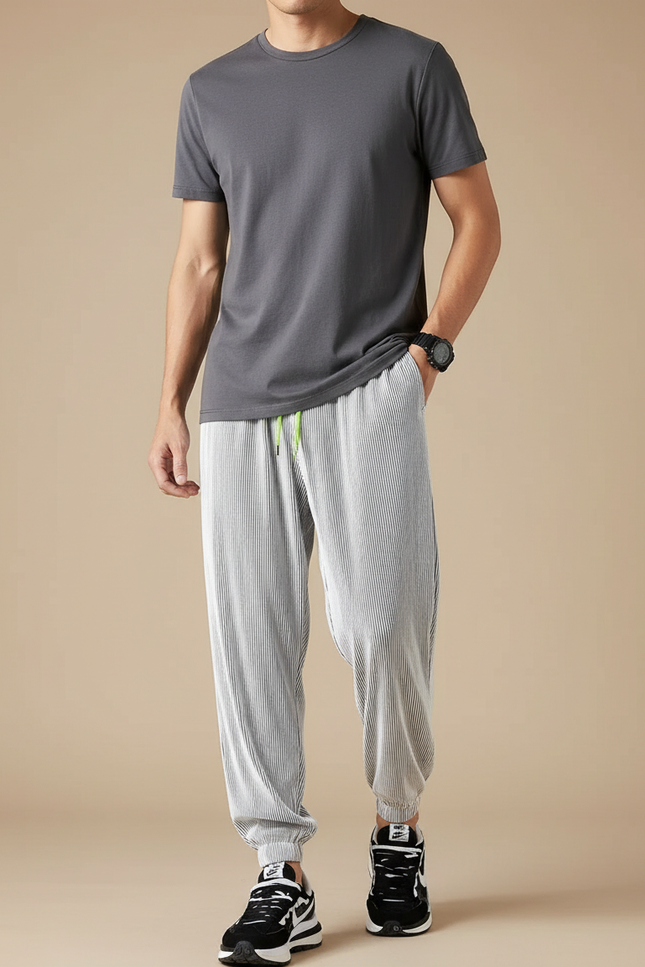 Pantalon Fluide Plissé Gris Léger Décontracté Homme - Polyester