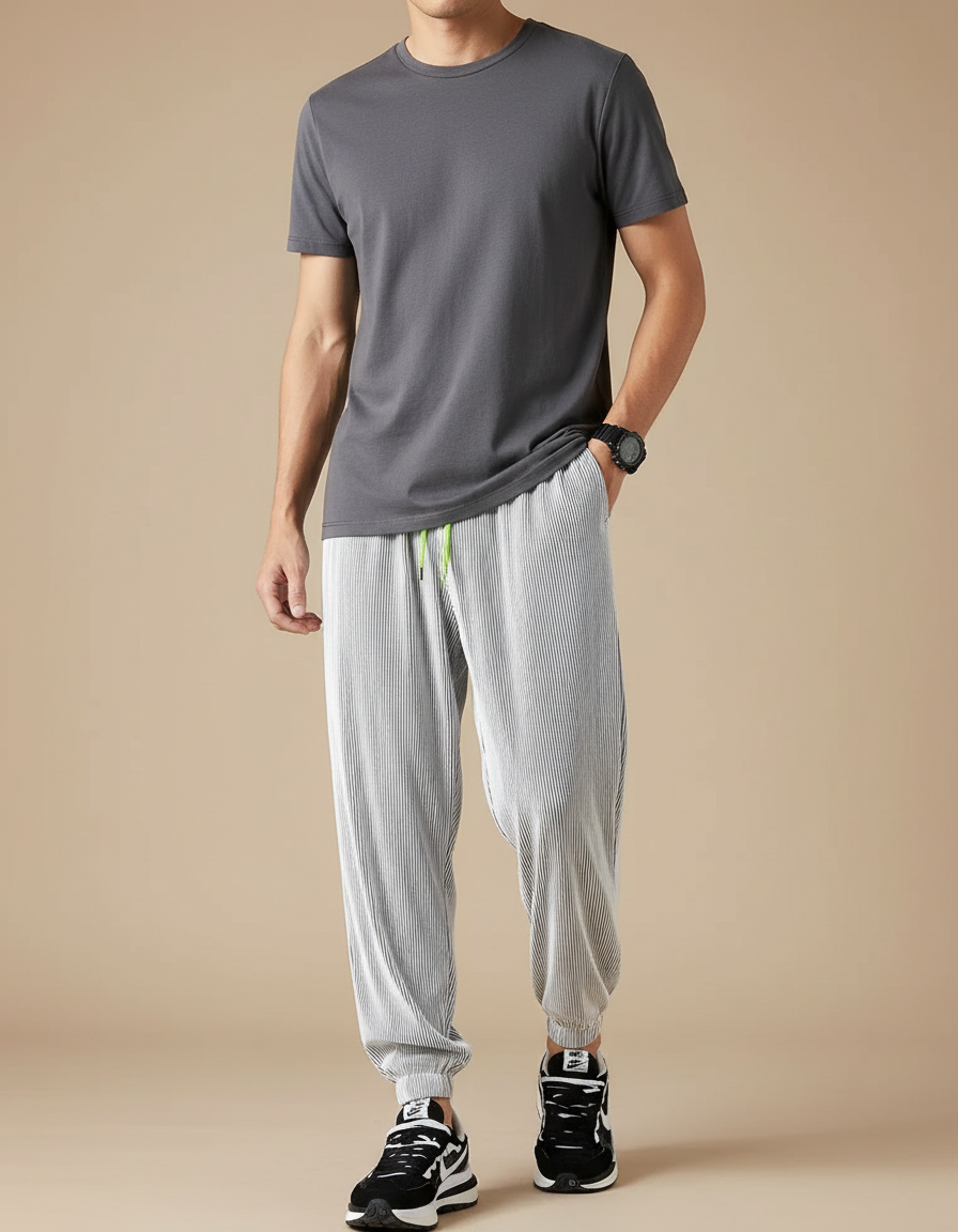 Pantalon Fluide Plissé Gris Léger Décontracté Homme - Polyester