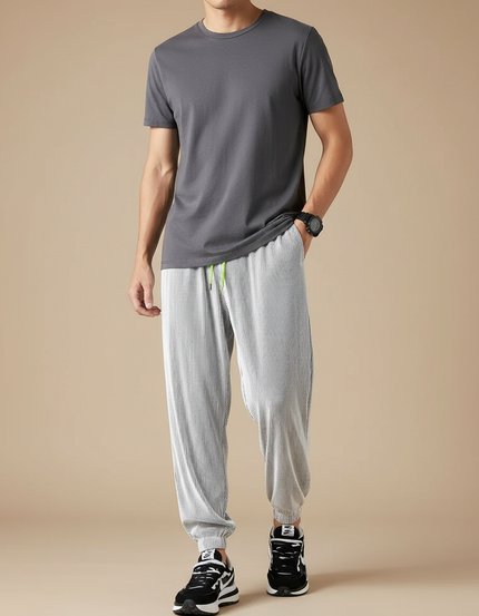 Pantalon Fluide Plissé Gris Léger Décontracté Homme - Polyester