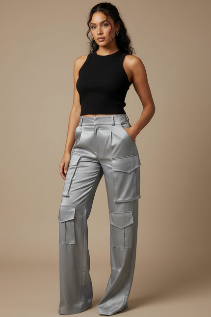 Pantalon Fluide Cargo Gris Satiné Ample Femme - Argenté