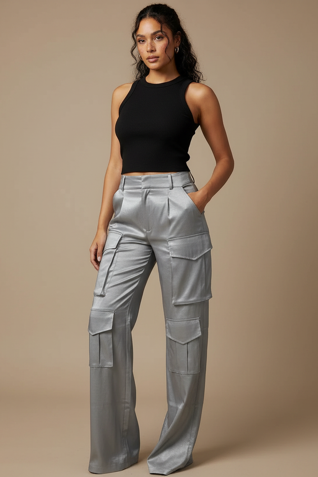 Pantalon Fluide Cargo Gris Satiné Ample Femme - Argenté