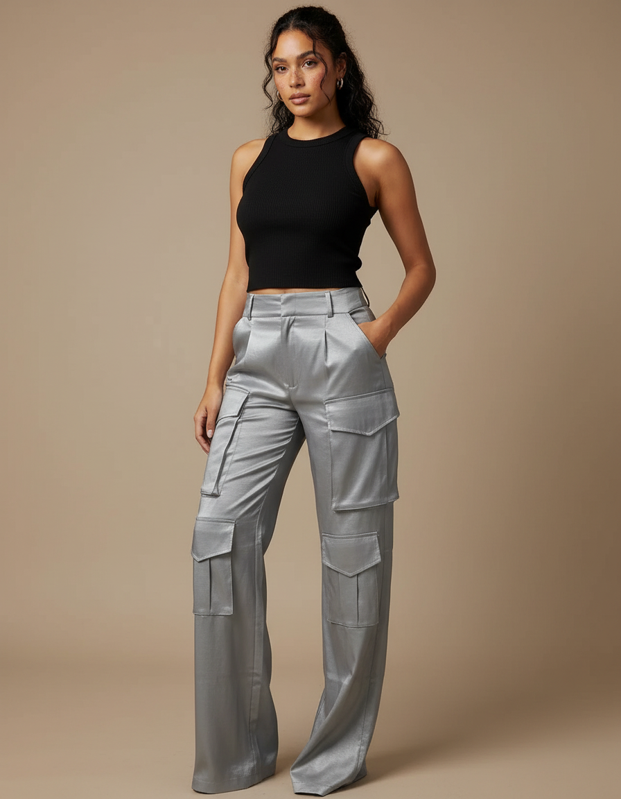 Pantalon Fluide Cargo Gris Satiné Ample Femme - Argenté