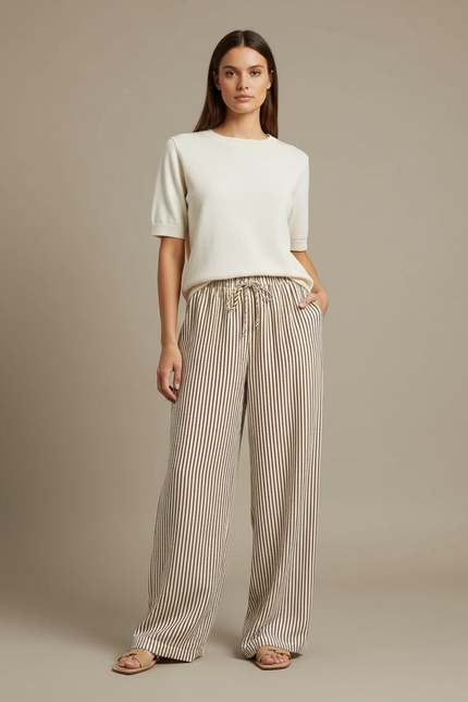 Pantalon Fluide Rayé Marron Ample Cordon Décontracté - Viscose