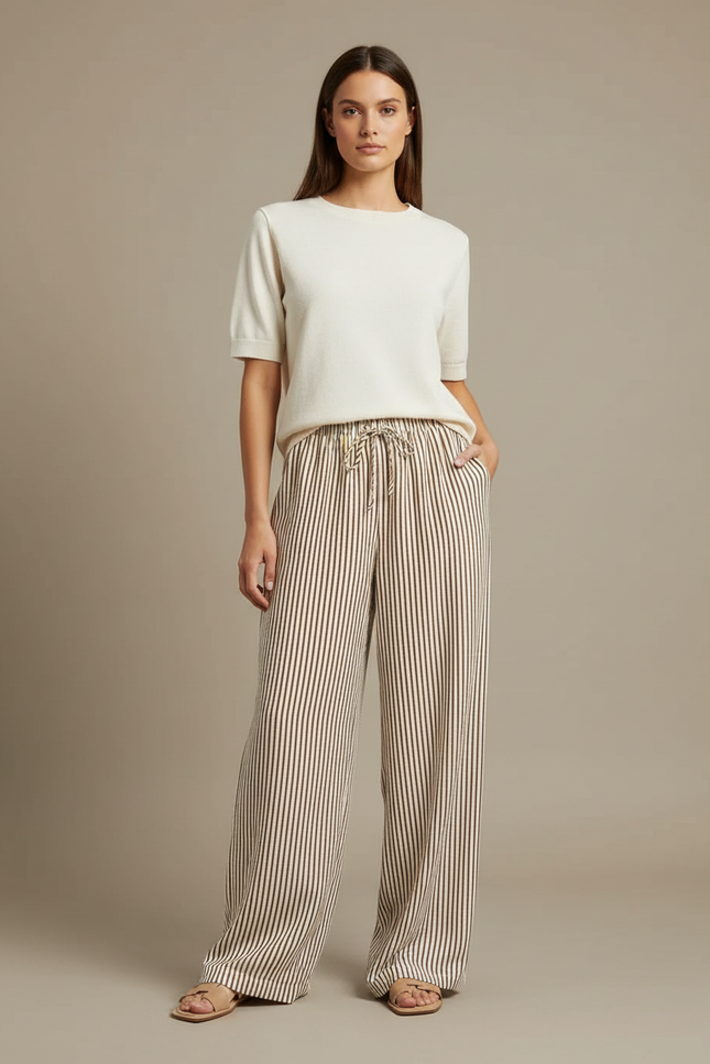 Pantalon Fluide Rayé Marron Ample Cordon Décontracté - Viscose