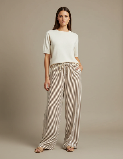 Pantalon Fluide Rayé Marron Ample Cordon Décontracté - Viscose