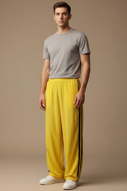 Pantalon Fluide Jaune Ample Rayé Sport Décontracté - Lin