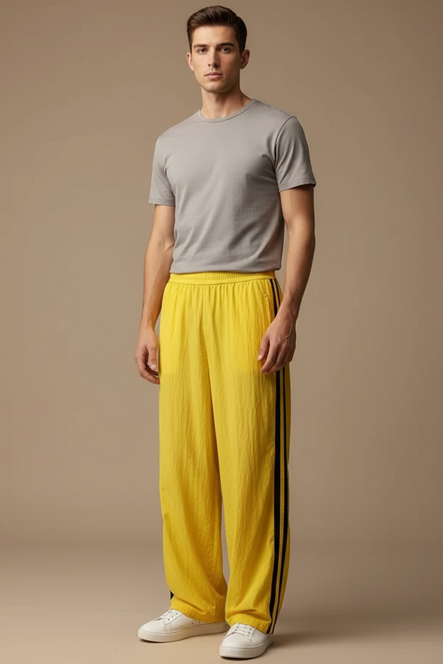 Pantalon Fluide Jaune Ample Rayé Sport Décontracté - Lin