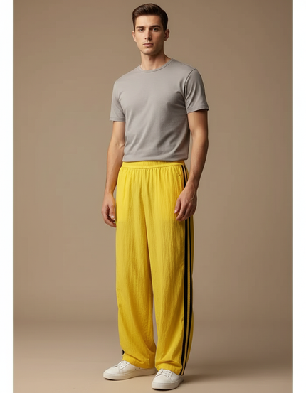 Pantalon Fluide Jaune Ample Rayé Sport Décontracté - Lin
