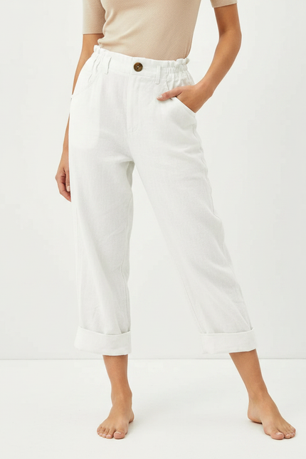 Pantalon Fluide Blanc Coton Lin Taille Haute Décontracté