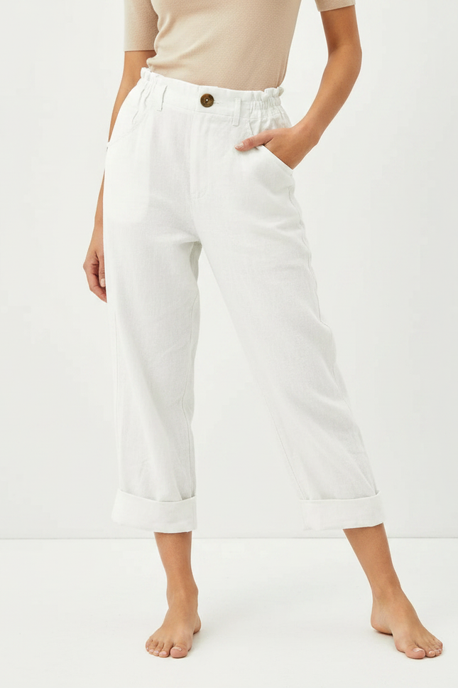 Pantalon Fluide Blanc Coton Lin Taille Haute Décontracté