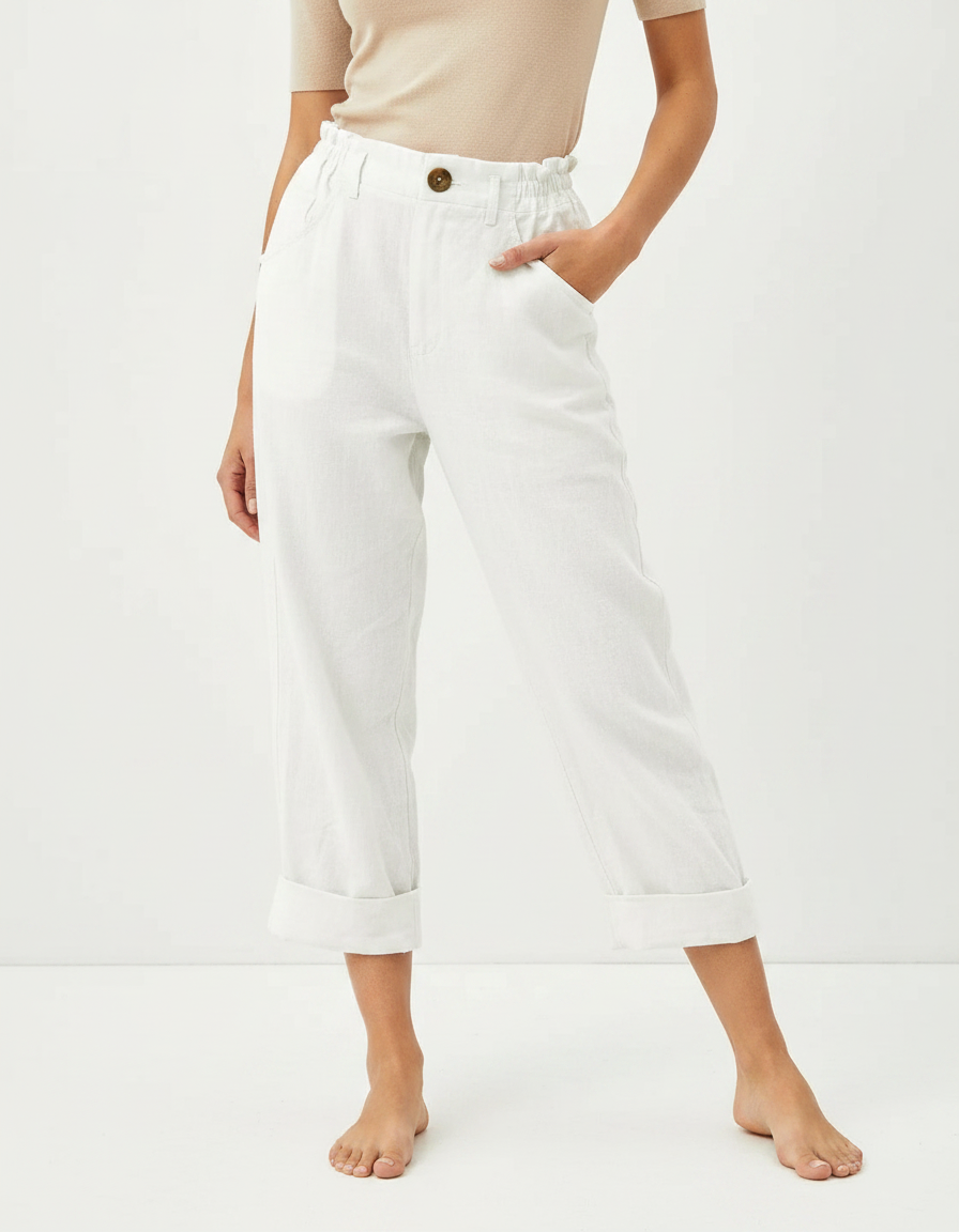 Pantalon Fluide Blanc Coton Lin Taille Haute Décontracté