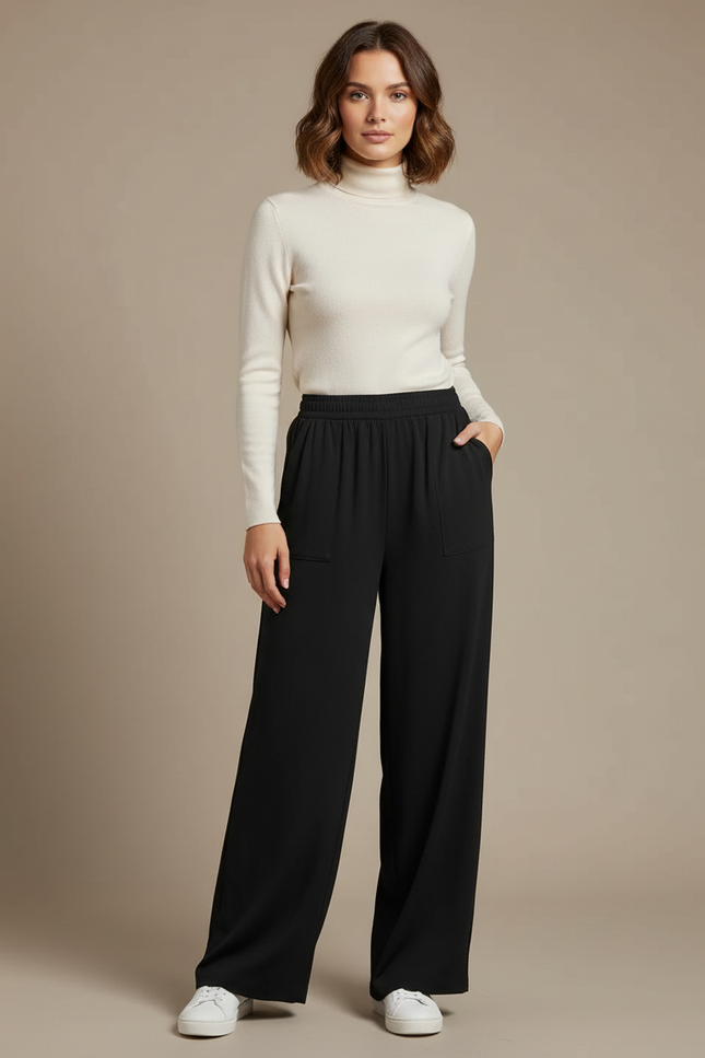 Pantalon Fluide Noir Ample Taille Élastique Décontracté Femme - Viscose