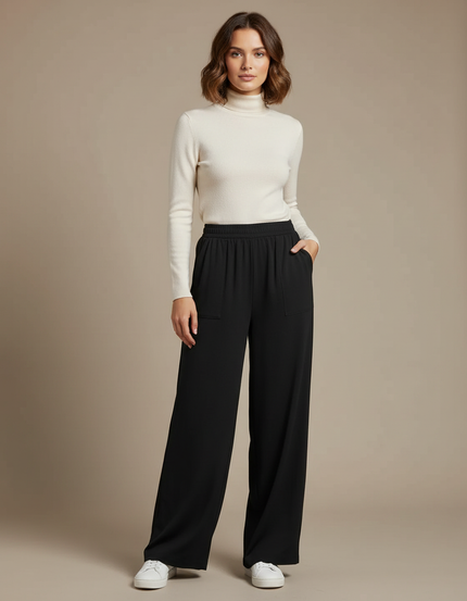 Pantalon Fluide Noir Ample Taille Élastique Décontracté Femme - Viscose