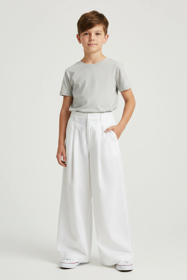 Pantalon Fluide Blanc Ample Plissé Décontracté - Lin