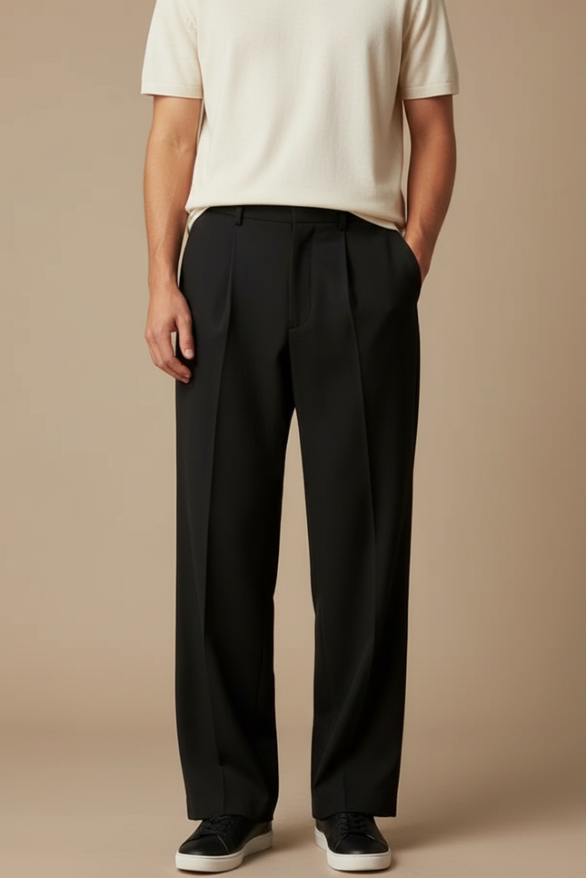 Pantalon Fluide Noir Ample Plissé Décontracté Élégant Homme - Gabardine