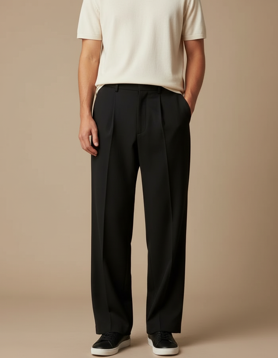 Pantalon Fluide Noir Ample Plissé Décontracté Élégant Homme - Gabardine