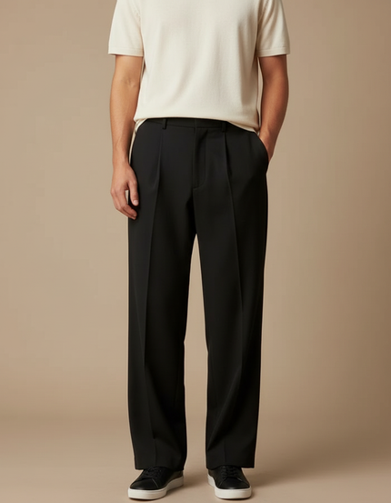 Pantalon Fluide Noir Ample Plissé Décontracté Élégant Homme - Gabardine