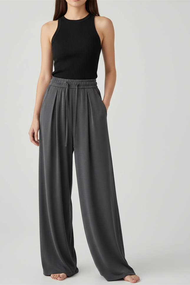 Pantalon Fluide Gris Ample Cordon Plissé Élégant - Viscose
