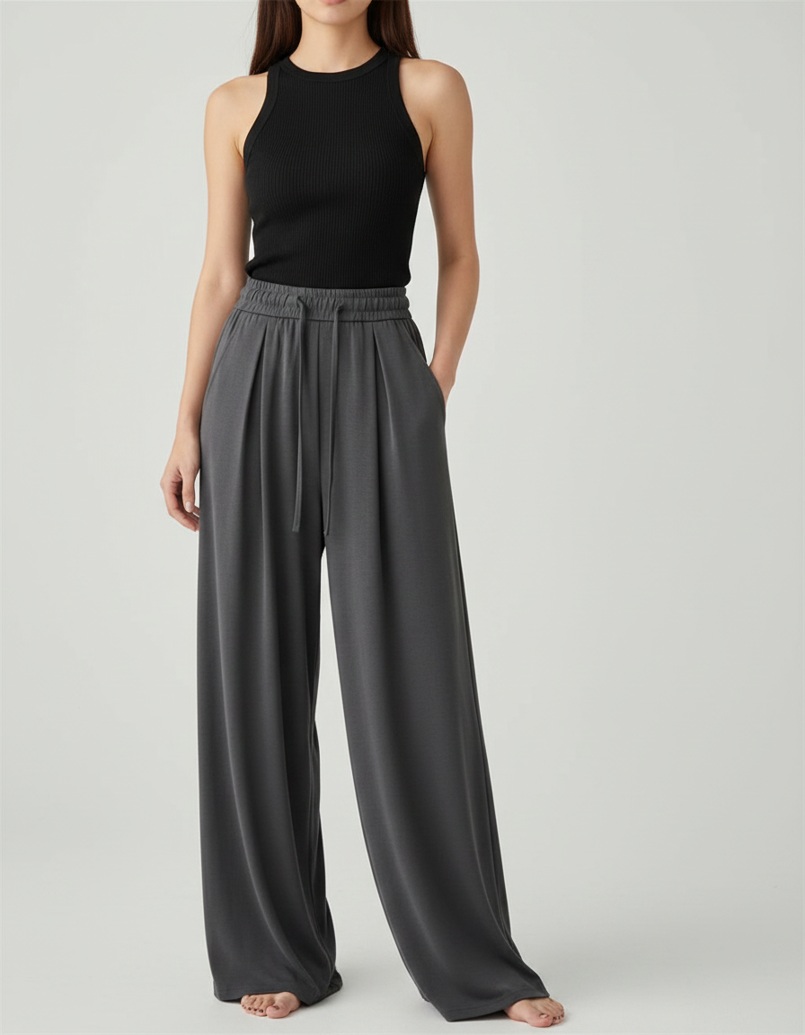 Pantalon Fluide Gris Ample Cordon Plissé Élégant - Viscose