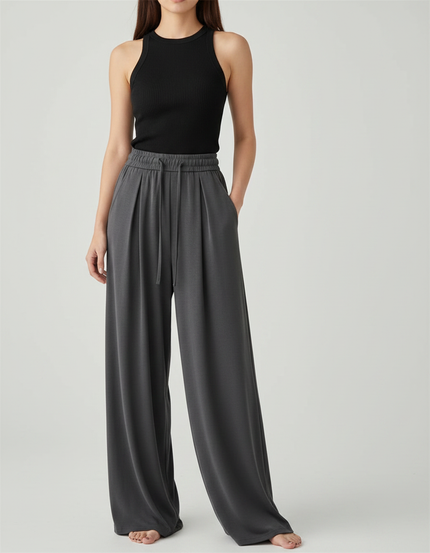 Pantalon Fluide Gris Ample Cordon Plissé Élégant - Viscose
