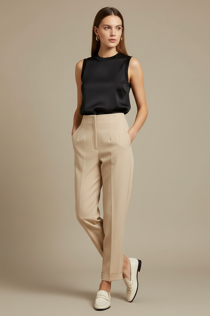 Pantalon Fluide Beige Taille Haute Chic Habillé - Polyester