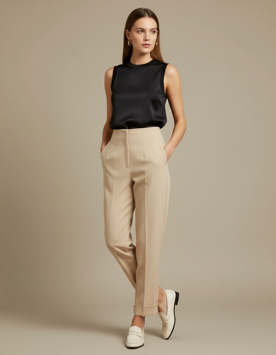 Pantalon Fluide Beige Taille Haute Chic Habillé - Polyester