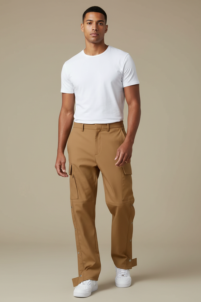Pantalon Fluide Cargo Marron Boutons Pression Décontracté Homme - Polyester