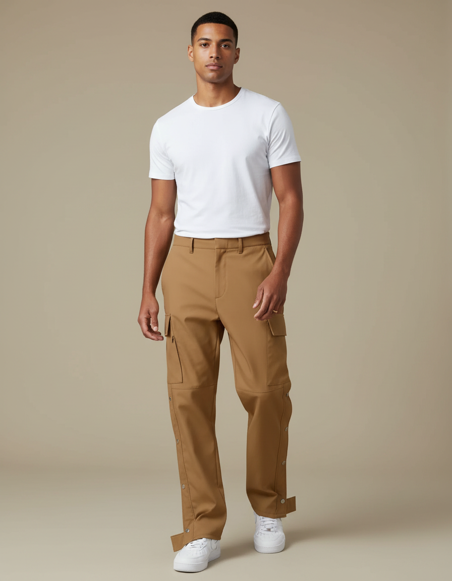 Pantalon Fluide Cargo Marron Boutons Pression Décontracté Homme - Polyester