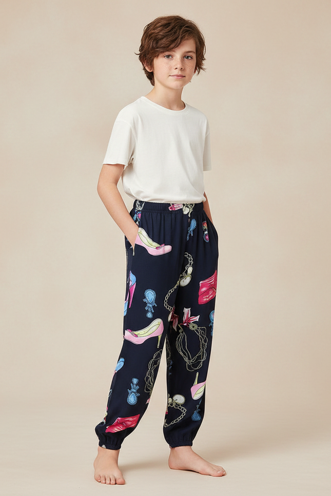 Pantalon Fluide Bleu Marine Imprimé Chaussures Bijoux - Viscose