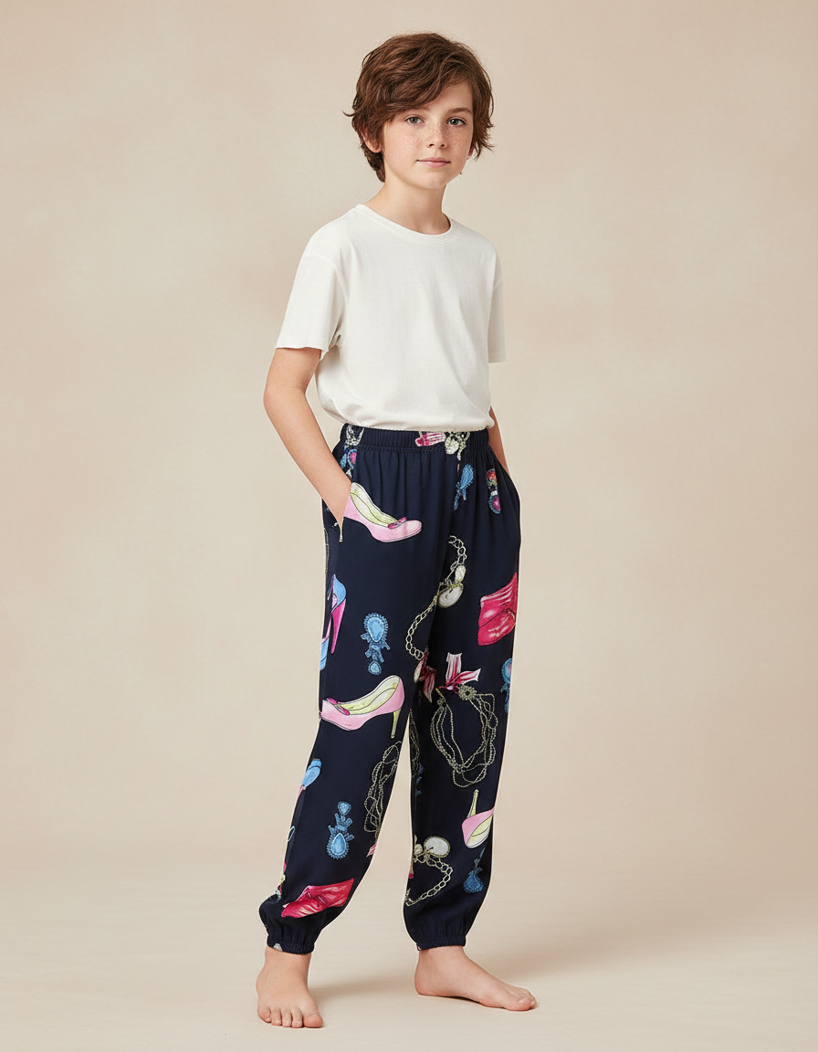 Pantalon Fluide Bleu Marine Imprimé Chaussures Bijoux - Viscose