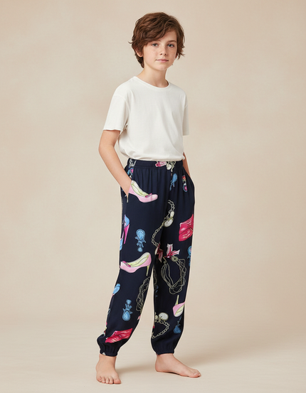 Pantalon Fluide Bleu Marine Imprimé Chaussures Bijoux - Viscose