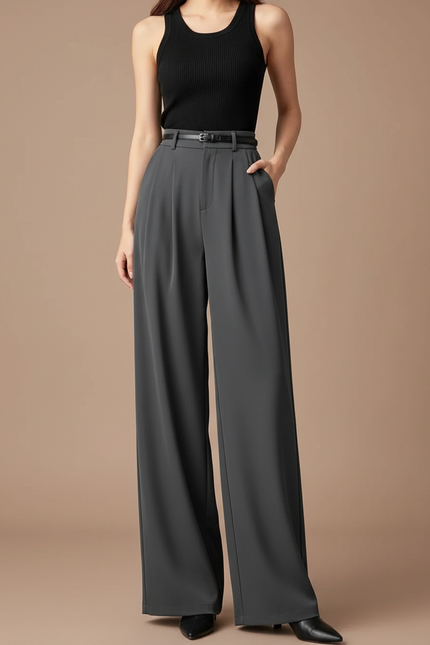 Pantalon Fluide Ample Taille Haute Plissé Élegant - Gris Polyester