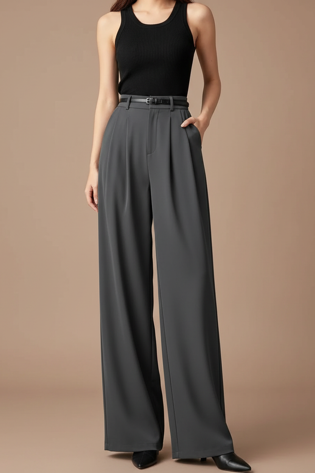 Pantalon Fluide Ample Taille Haute Plissé Élegant - Gris Polyester