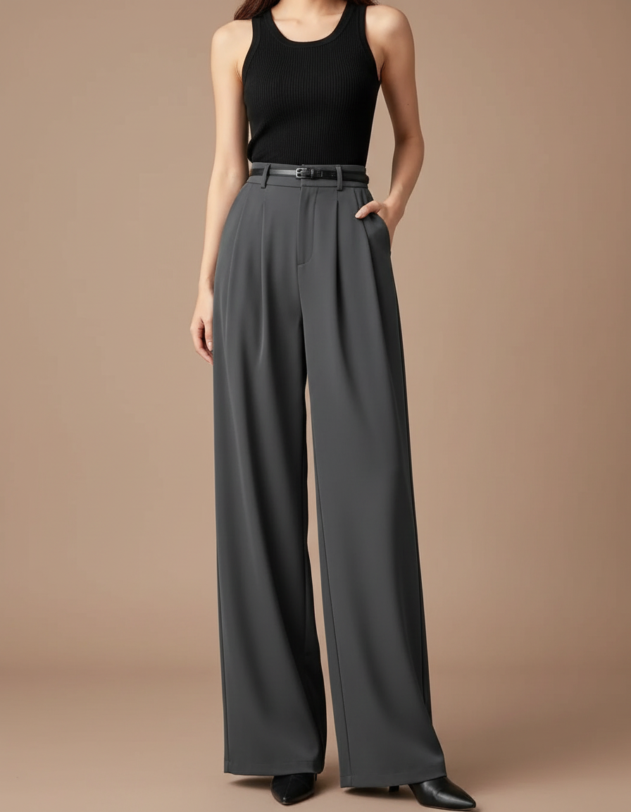 Pantalon Fluide Ample Taille Haute Plissé Élegant - Gris Polyester