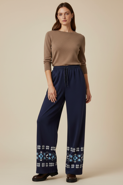 Pantalon Fluide Bleu Marine Imprimé Fair Isle Hiver - Molleton