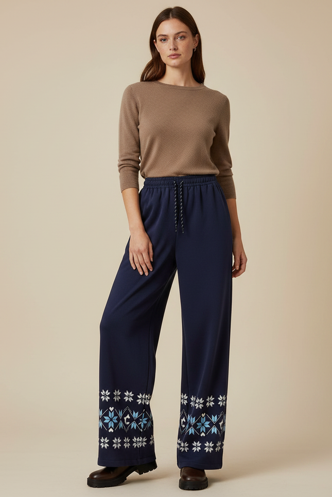 Pantalon Fluide Bleu Marine Imprimé Fair Isle Hiver - Molleton