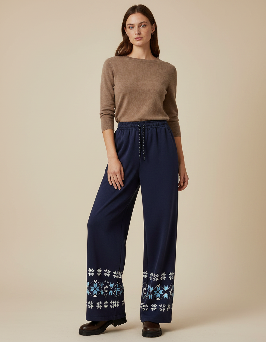 Pantalon Fluide Bleu Marine Imprimé Fair Isle Hiver - Molleton