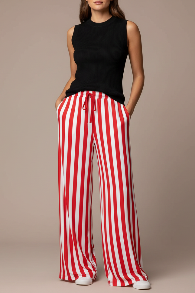 Pantalon Fluide Rayé Rouge Blanc Ample Cordon - Multicolore Maille