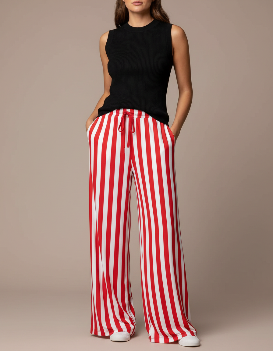 Pantalon Fluide Rayé Rouge Blanc Ample Cordon - Multicolore Maille