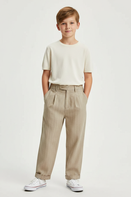 Pantalon Fluide Beige Rayé Plissé Garçon Élégant - Laine