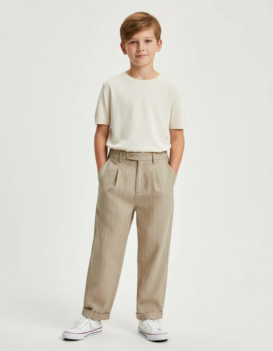 Pantalon Fluide Beige Rayé Plissé Garçon Élégant - Laine