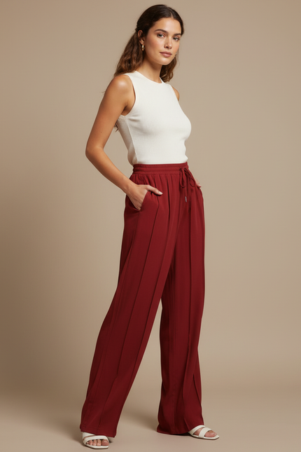 Pantalon Rouge Fluide Taille Haute - Bordeaux Viscose