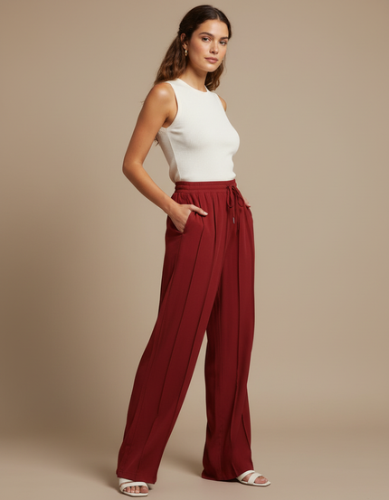 Pantalon Rouge Fluide Taille Haute - Bordeaux Viscose