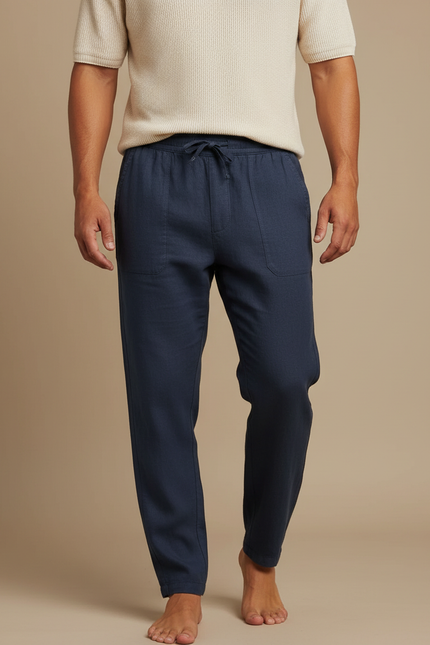 Pantalon Fluide Homme Coton Lin Bleu Marine Décontracté