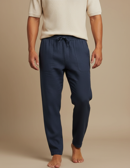 Pantalon Fluide Homme Coton Lin Bleu Marine Décontracté