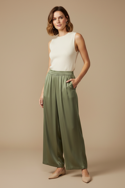Pantalon Fluide Vert Ample Satiné Élégant Femme - Kaki